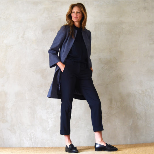Swing Coat in Herringbone Lambswool Tweed. A Bespoke Yorkshire Tweed coat in a luxurious wool Fabric. Handmade in Britain.