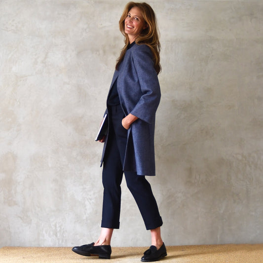 Swing Coat in Herringbone Lambswool Tweed. A Bespoke Yorkshire Tweed coat in a luxurious wool Fabric. Handmade in Britain.