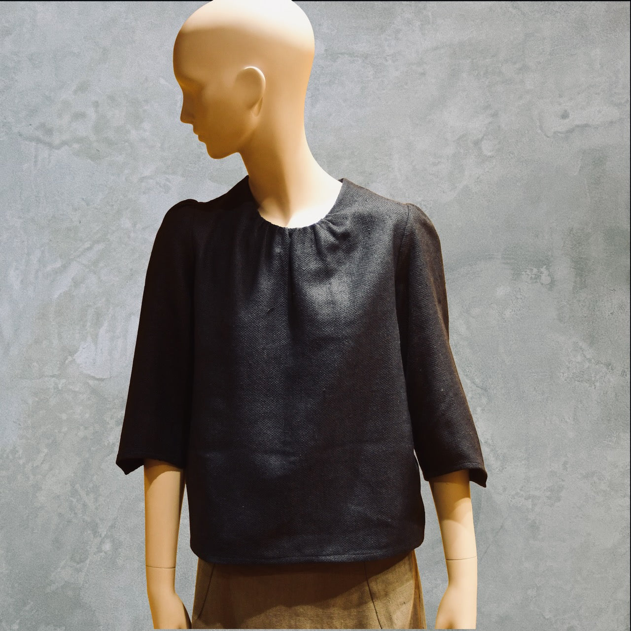 A Gathered Neck, Puff Sleeve Blouse in Inky Black Silk Matka. Handmade in Britain. 