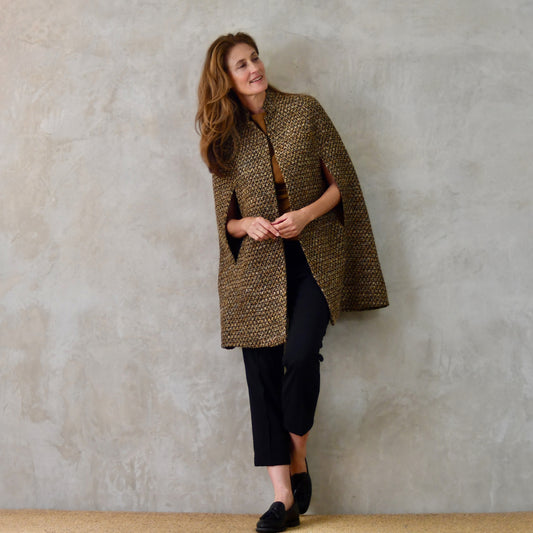 The Long Clayton Cape in Golden Brown, Black and Camel Boucle