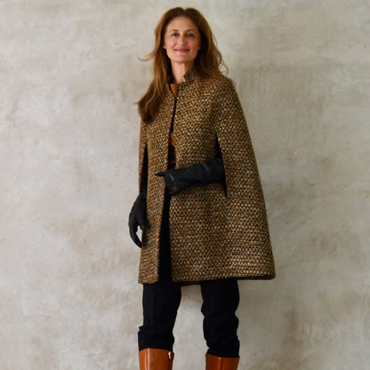 The Long Clayton Cape in Golden Brown, Black and Camel Boucle