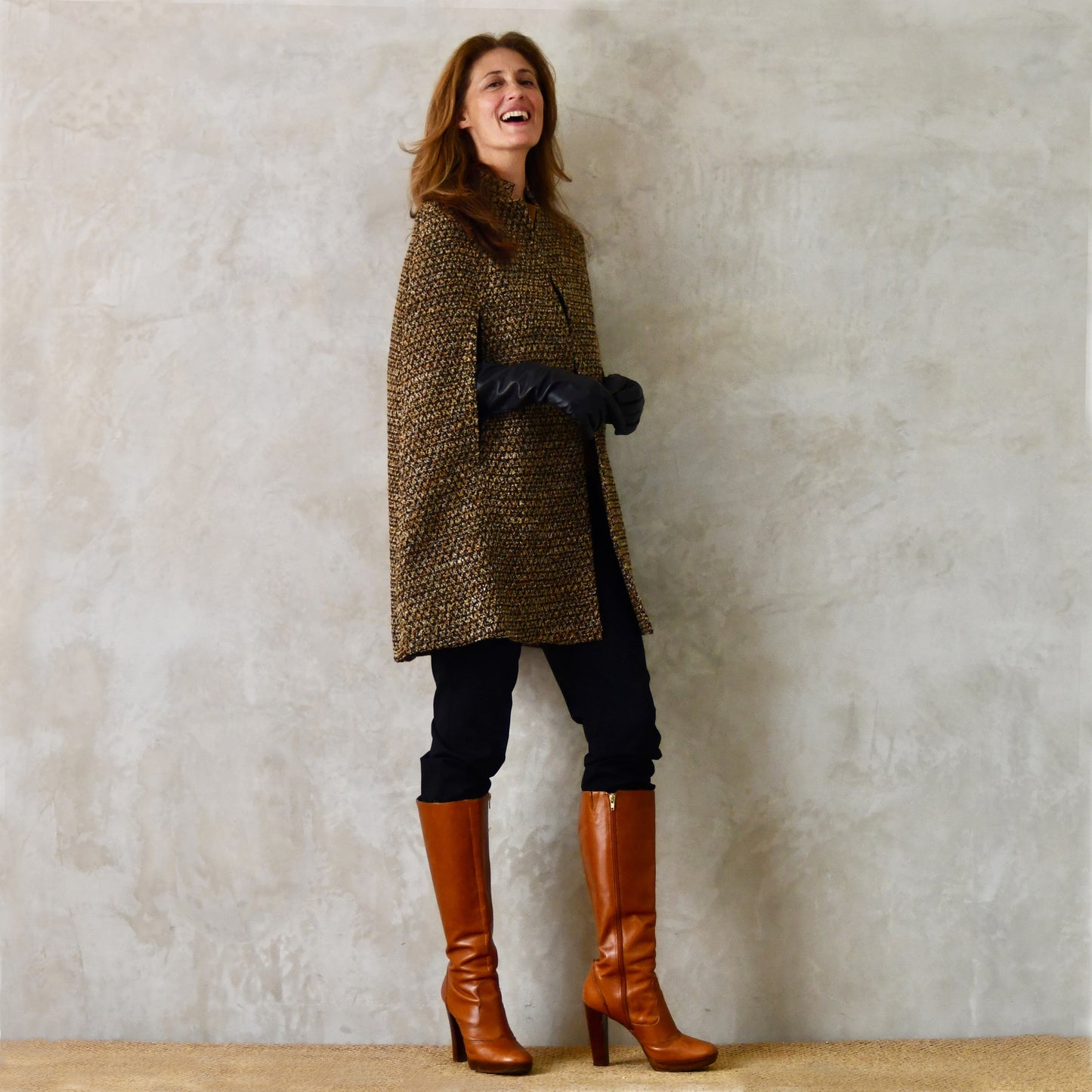 The Long Clayton Cape in Golden Brown, Black and Camel Boucle