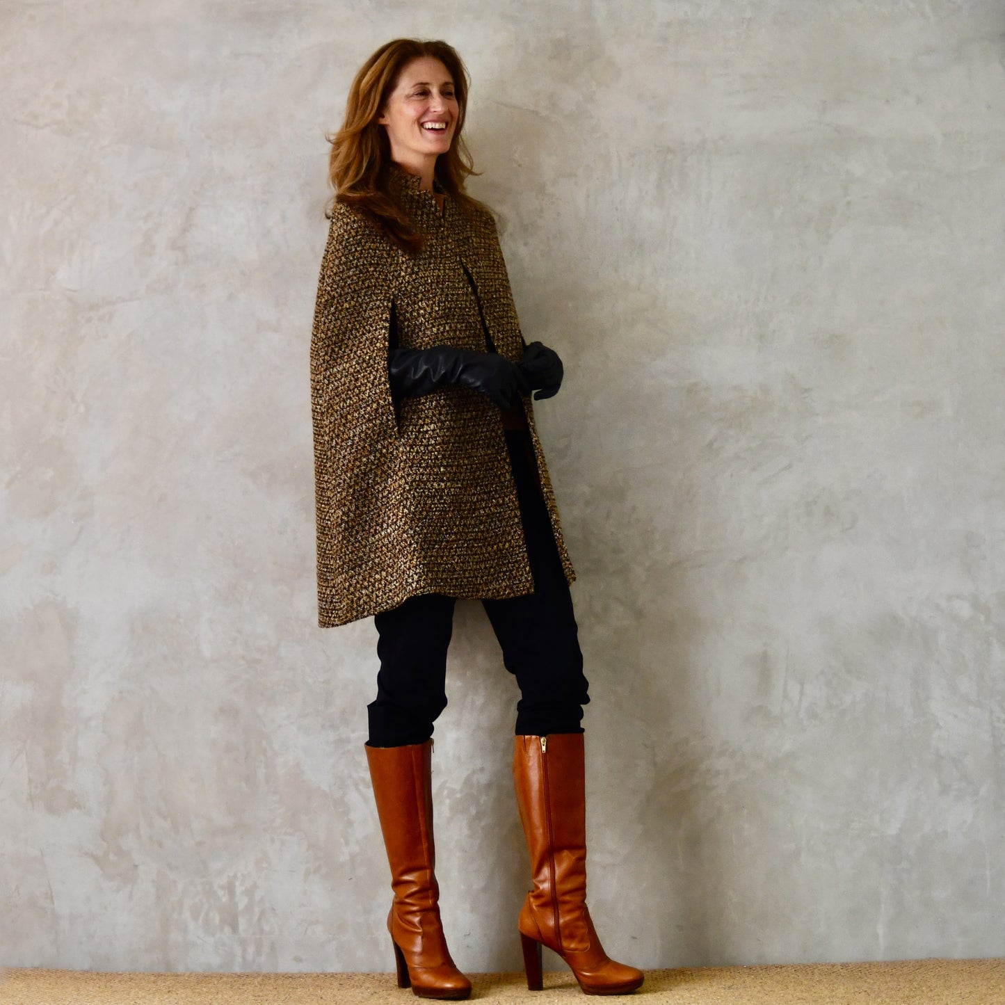 The Long Clayton Cape in Golden Brown, Black and Camel Boucle