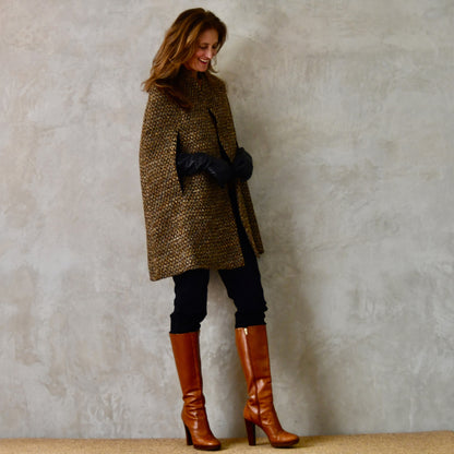 The Long Clayton Cape in Golden Brown, Black and Camel Boucle