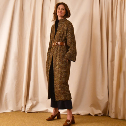 Longer Length Cocoon Coat in Golden Linton Tweeds Boucle. A dramatic, but incredibly wearable cocoon coat in a truly splendid boucle that will carry you well through Autumn and Spring. Handmade in Britain.