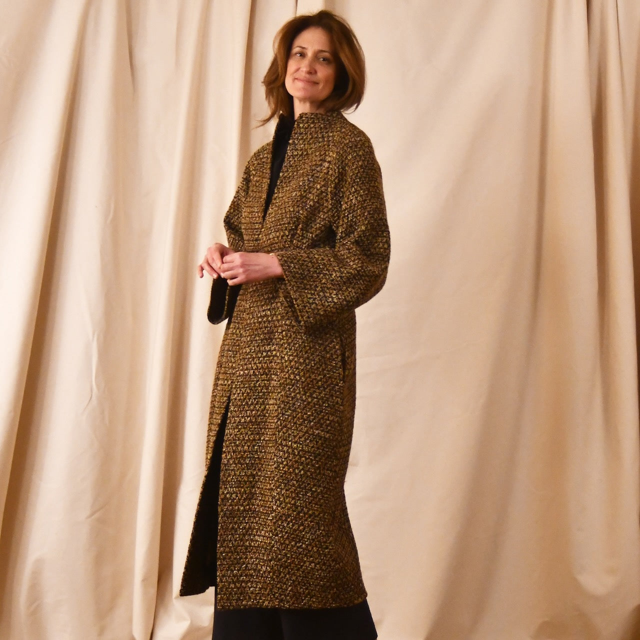 Long Cocoon Coat in Golden Camel Boucle - Belted View