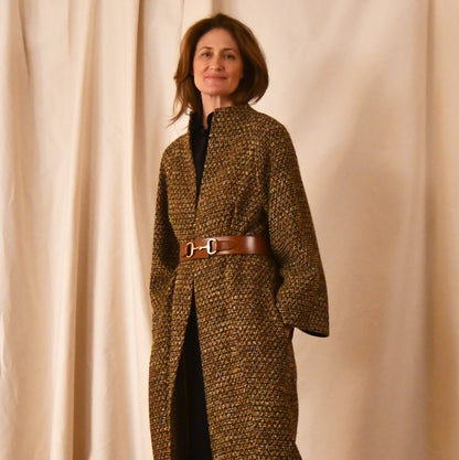 Longer Length Cocoon Coat in Golden Linton Tweeds Boucle. A dramatic, but incredibly wearable cocoon coat in a truly splendid boucle that will carry you well through Autumn and Spring. Handmade in Britain. Belted View.