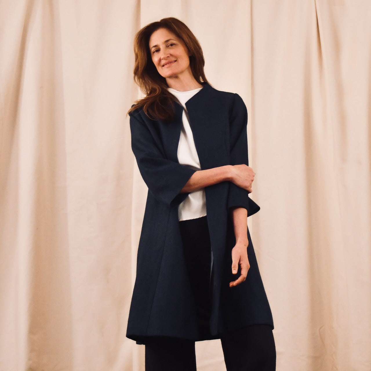 Navy Linen Coat – Side On View