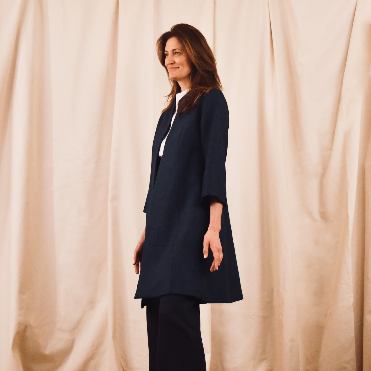 Navy Linen Coat – Side View