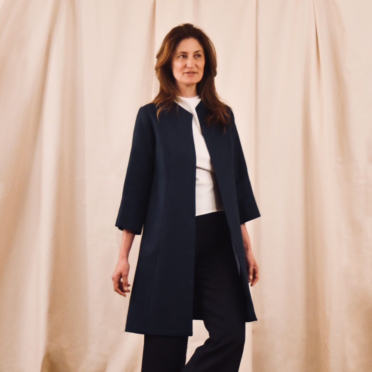 Navy Linen Coat – Front View