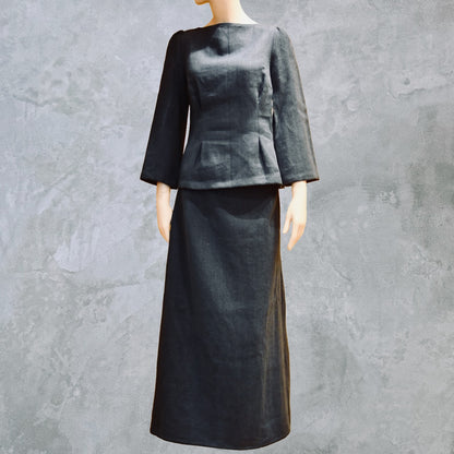 Front view of bespoke Navy Tailored Linen Skirt Suit showing boatneck peplum shaped cop over longer length A-Line Skirt. Cut, Made and Finished by Hand n London, bespoke lengths and sizes are also available.