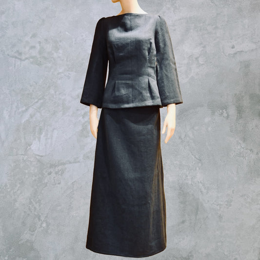 Front view of bespoke Navy Tailored Linen Skirt Suit showing boatneck peplum shaped cop over longer length A-Line Skirt. Cut, Made and Finished by Hand n London, bespoke lengths and sizes are also available.