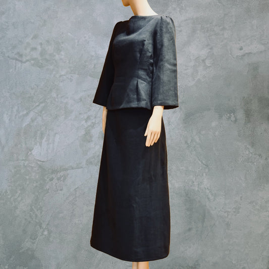 Side Front View of bespoke Navy Tailored Linen Skirt Suit showing boatneck peplum shaped cop over longer length A-Line Skirt. Cut, Made and Finished by Hand n London, bespoke lengths and sizes are also available.