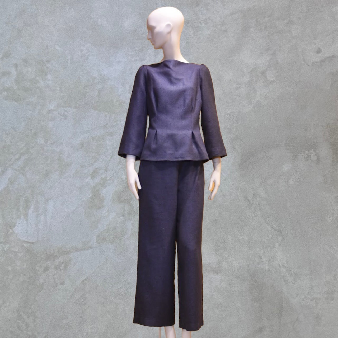 Bespoke Tailored Silk Linen separates featuring a Tailored Boat Neck Blouse in inky blue silk with matching pants. Handmade in Britain.