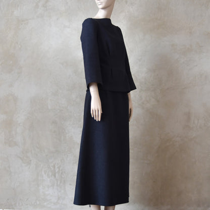 The Tailored Boat Neck Skirt Suit in Inky Blue Silk Matka Weave