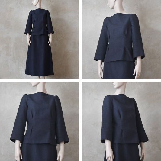 The Tailored Boat Neck Skirt Suit in Inky Blue Silk Matka Weave
