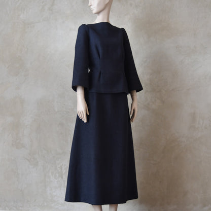The Tailored Boat Neck Skirt Suit in Inky Blue Silk Matka Weave