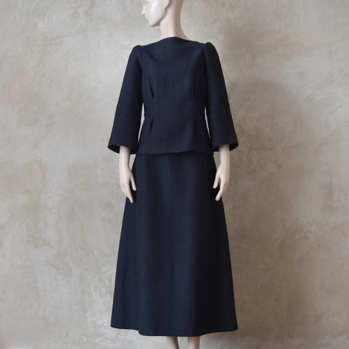 The Tailored Boat Neck Skirt Suit in Inky Blue Silk Matka Weave