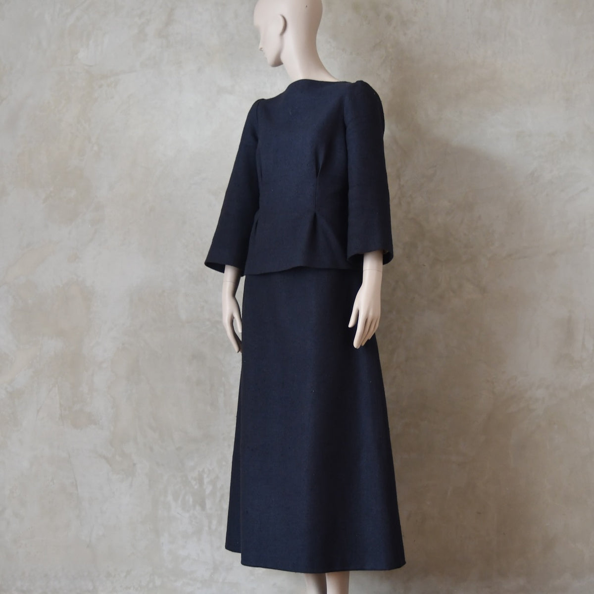The Tailored Boat Neck Skirt Suit in Inky Blue Silk Matka Weave