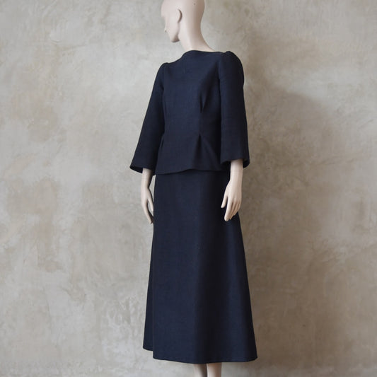 The Tailored Boat Neck Skirt Suit in Inky Blue Silk Matka Weave