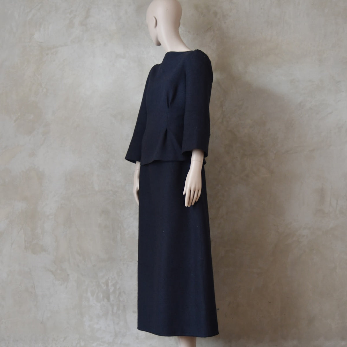 The Tailored Boat Neck Skirt Suit in Inky Blue Silk Matka Weave