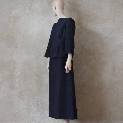 The Tailored Boat Neck Skirt Suit in Inky Blue Silk Matka Weave