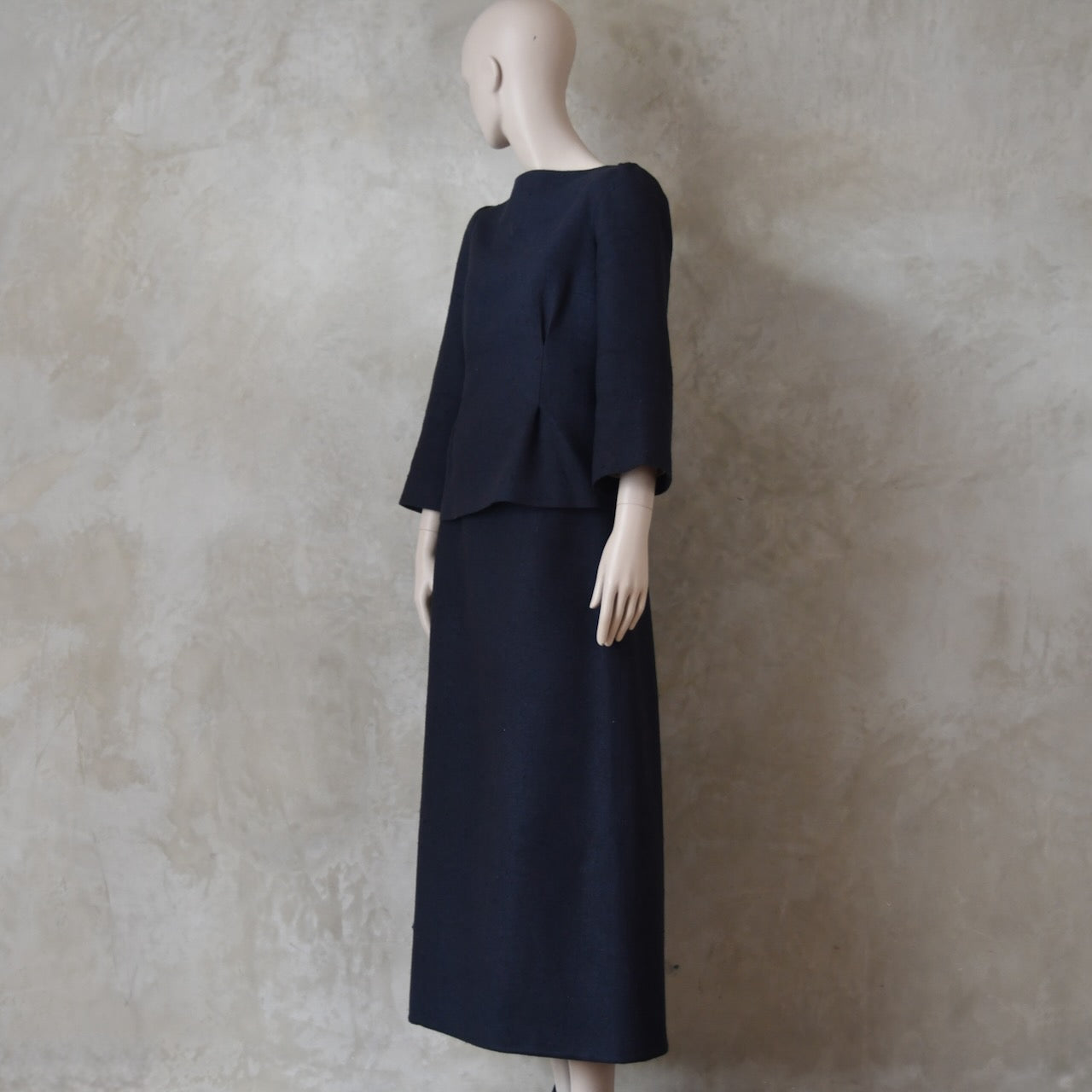 The Tailored Boat Neck Skirt Suit in Inky Blue Silk Matka Weave