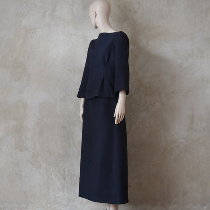The Tailored Boat Neck Skirt Suit in Inky Blue Silk Matka Weave