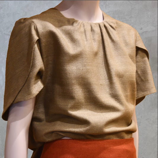 A Tulip Sleeve Blouse in Khaki Silk Matka. Handmade in Britain. Close up. 