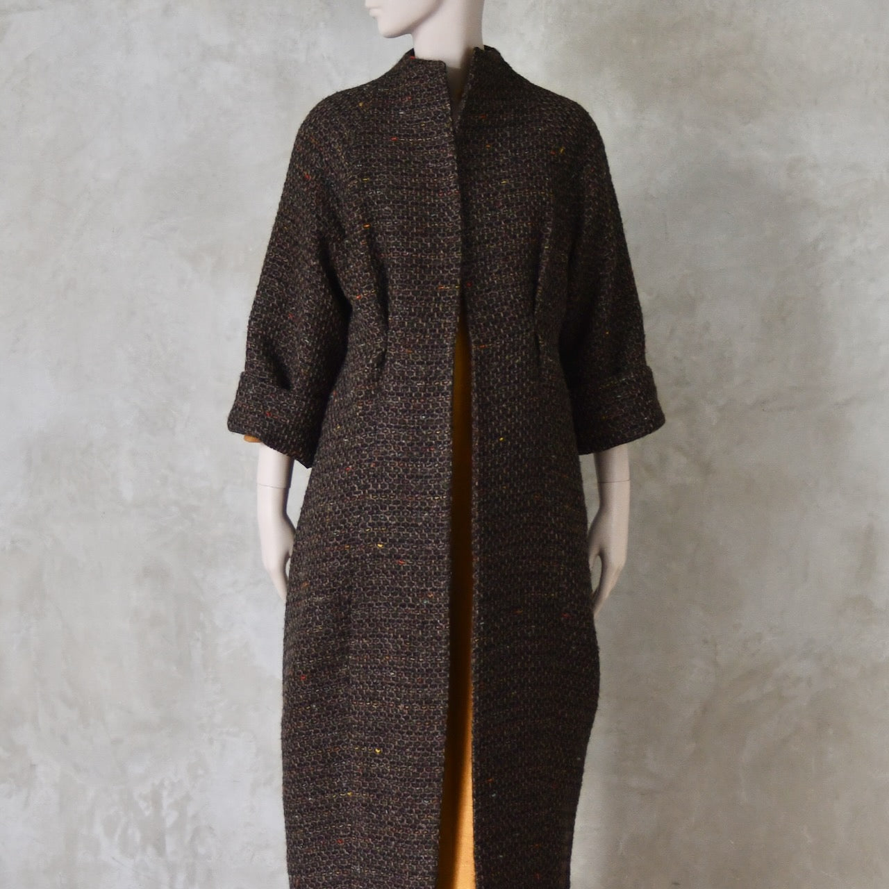 The Long Cocoon Coat in Brown Linton Tweeds Boucle