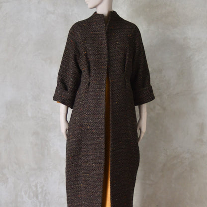 The Long Cocoon Coat in Brown Linton Tweeds Boucle