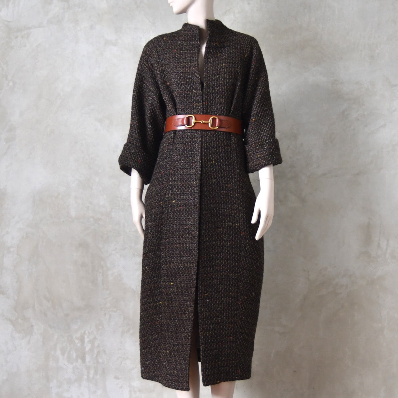 The Long Cocoon Coat in Brown Linton Tweeds Boucle