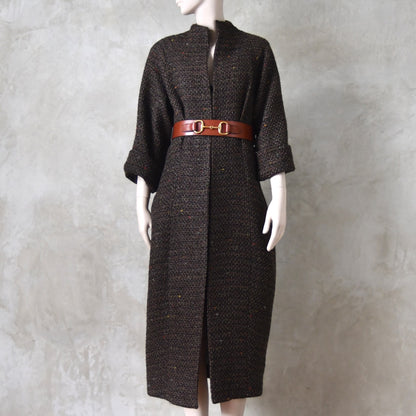 The Long Cocoon Coat in Brown Linton Tweeds Boucle