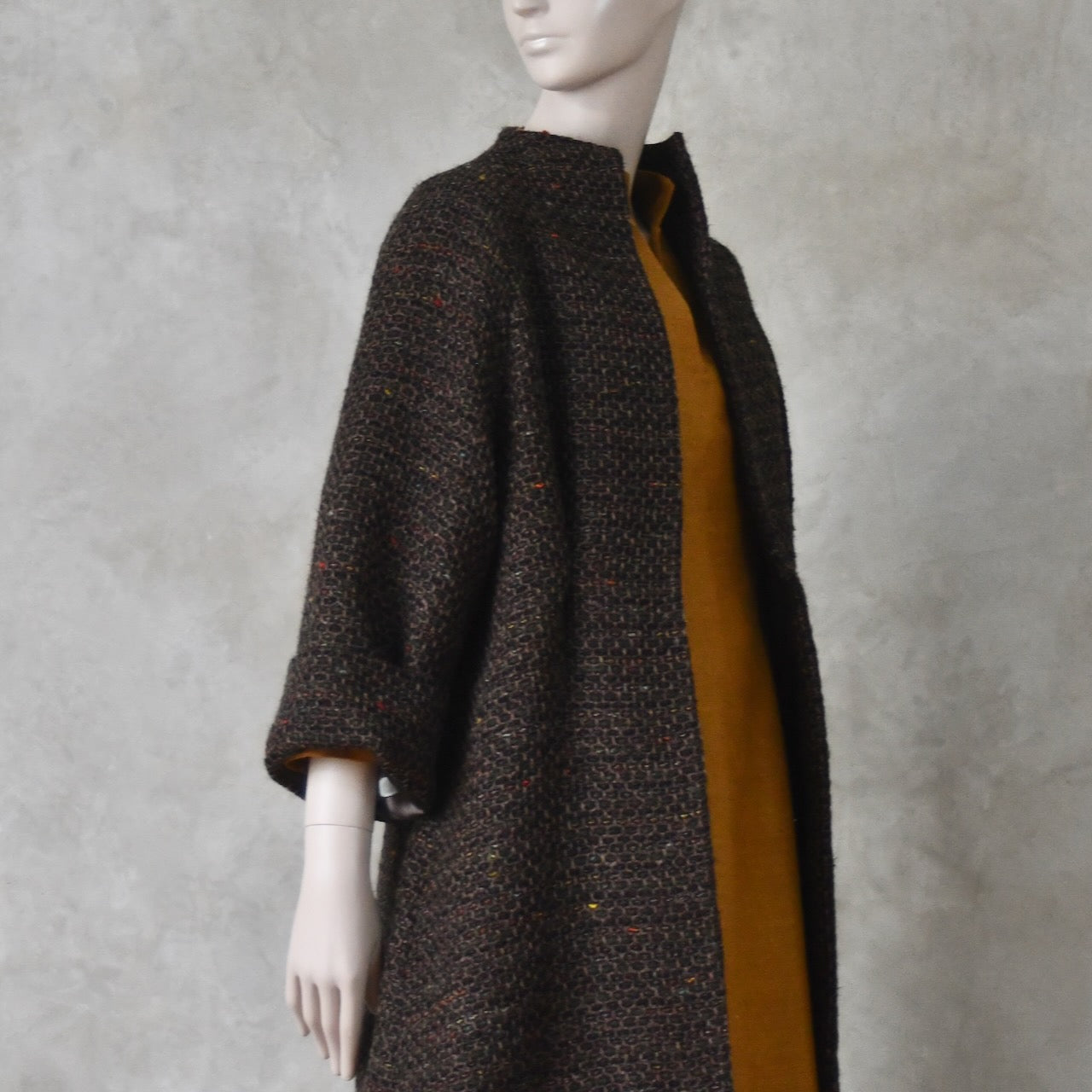 The Long Cocoon Coat in Brown Linton Tweeds Boucle