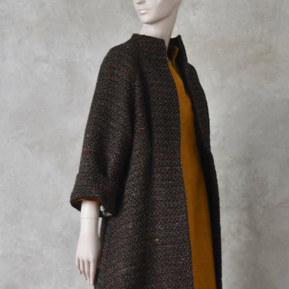 The Long Cocoon Coat in Brown Linton Tweeds Boucle