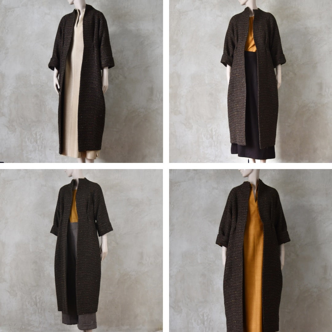 The Long Cocoon Coat in Brown Linton Tweeds Boucle