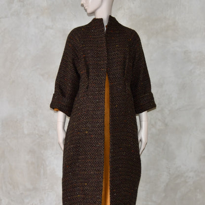 The Long Cocoon Coat in Brown Linton Tweeds Boucle