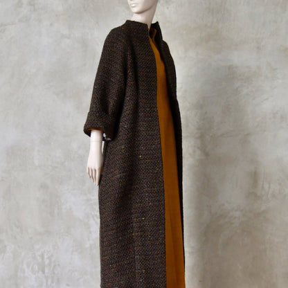 The Long Cocoon Coat in Brown Linton Tweeds Boucle