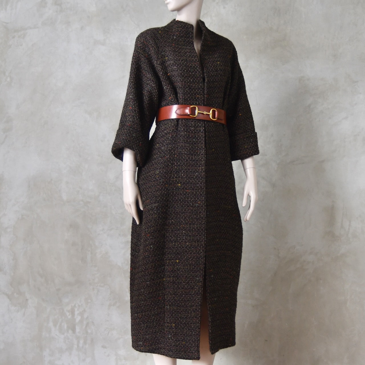 The Long Cocoon Coat in Brown Linton Tweeds Boucle