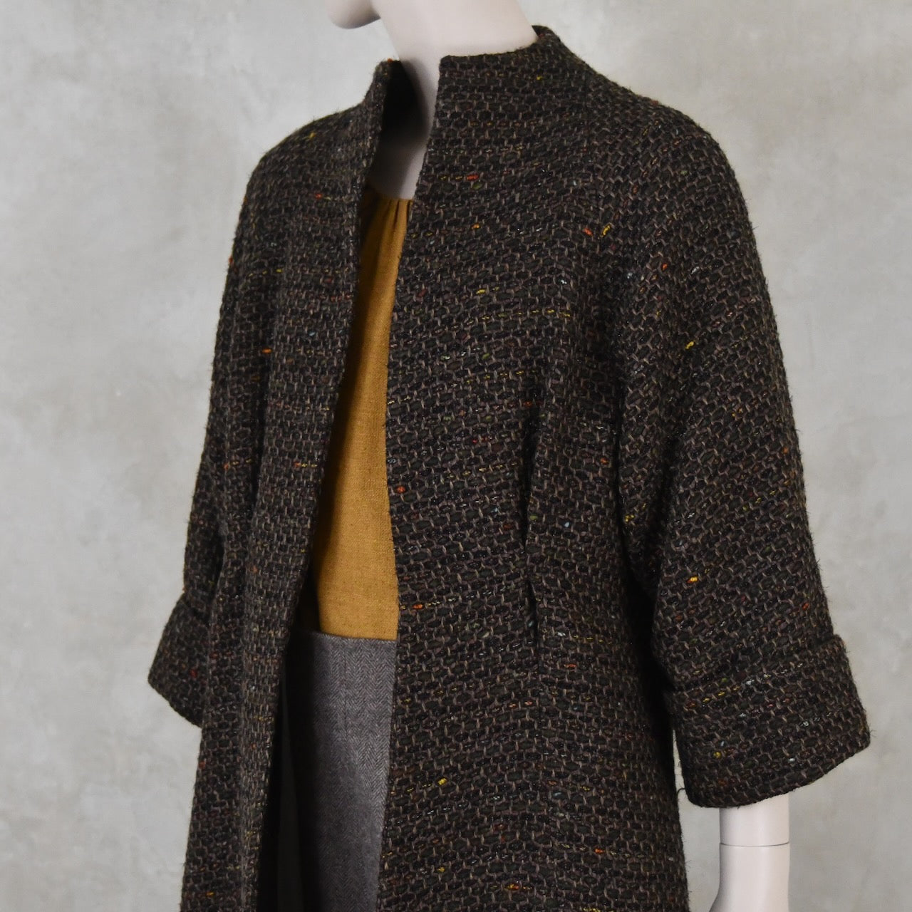 The Long Cocoon Coat in Brown Linton Tweeds Boucle