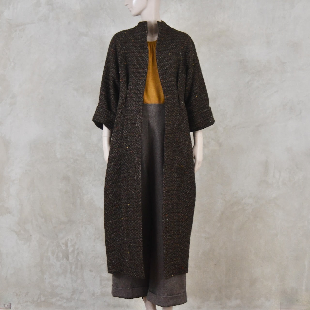 The Long Cocoon Coat in Brown Linton Tweeds Boucle