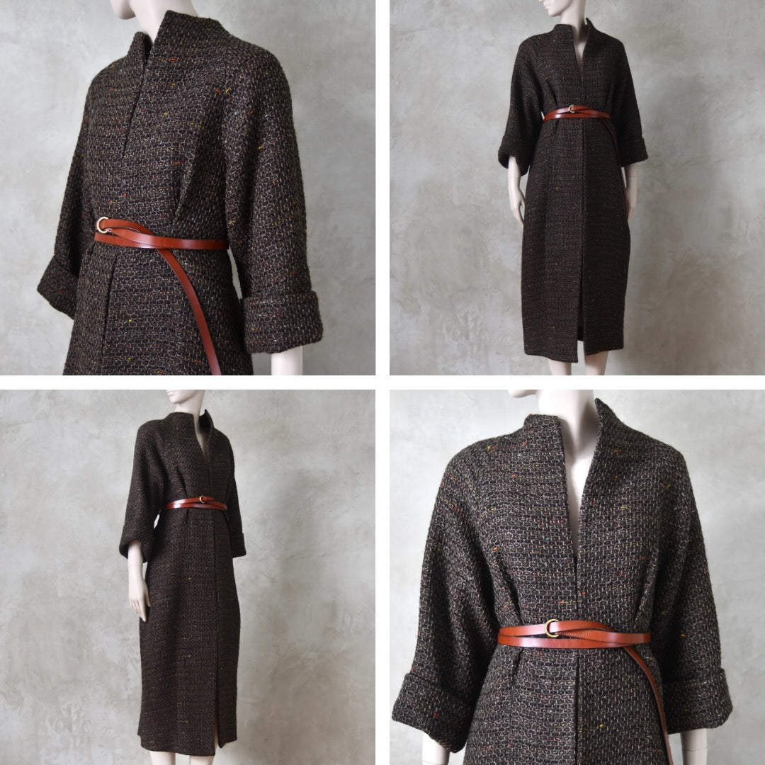 The Long Cocoon Coat in Brown Linton Tweeds Boucle