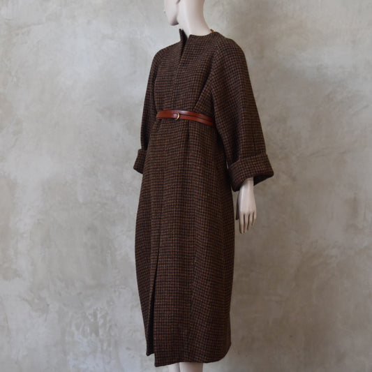 The Long Cocoon Coat in Dark Check Lovat Tweed