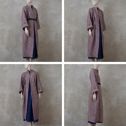 The Long Cocoon Coat in Red and Ecru and Navy Wool Boucle