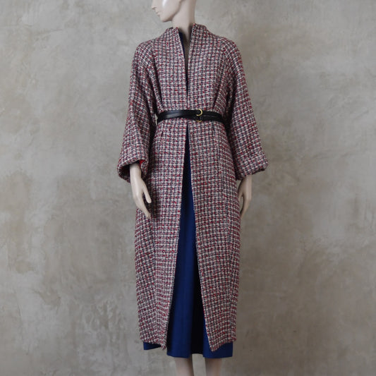 The Long Cocoon Coat in Red and Ecru and Navy Wool Boucle