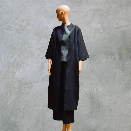 NavyLinenCocoon Coat - Side View