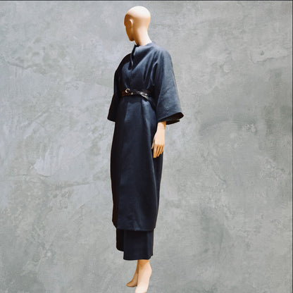 NavyLinenCocoon Coat - Belted View