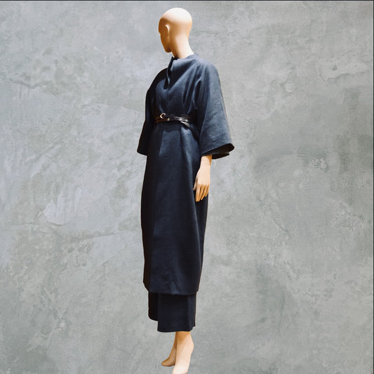 NavyLinenCocoon Coat - Belted View