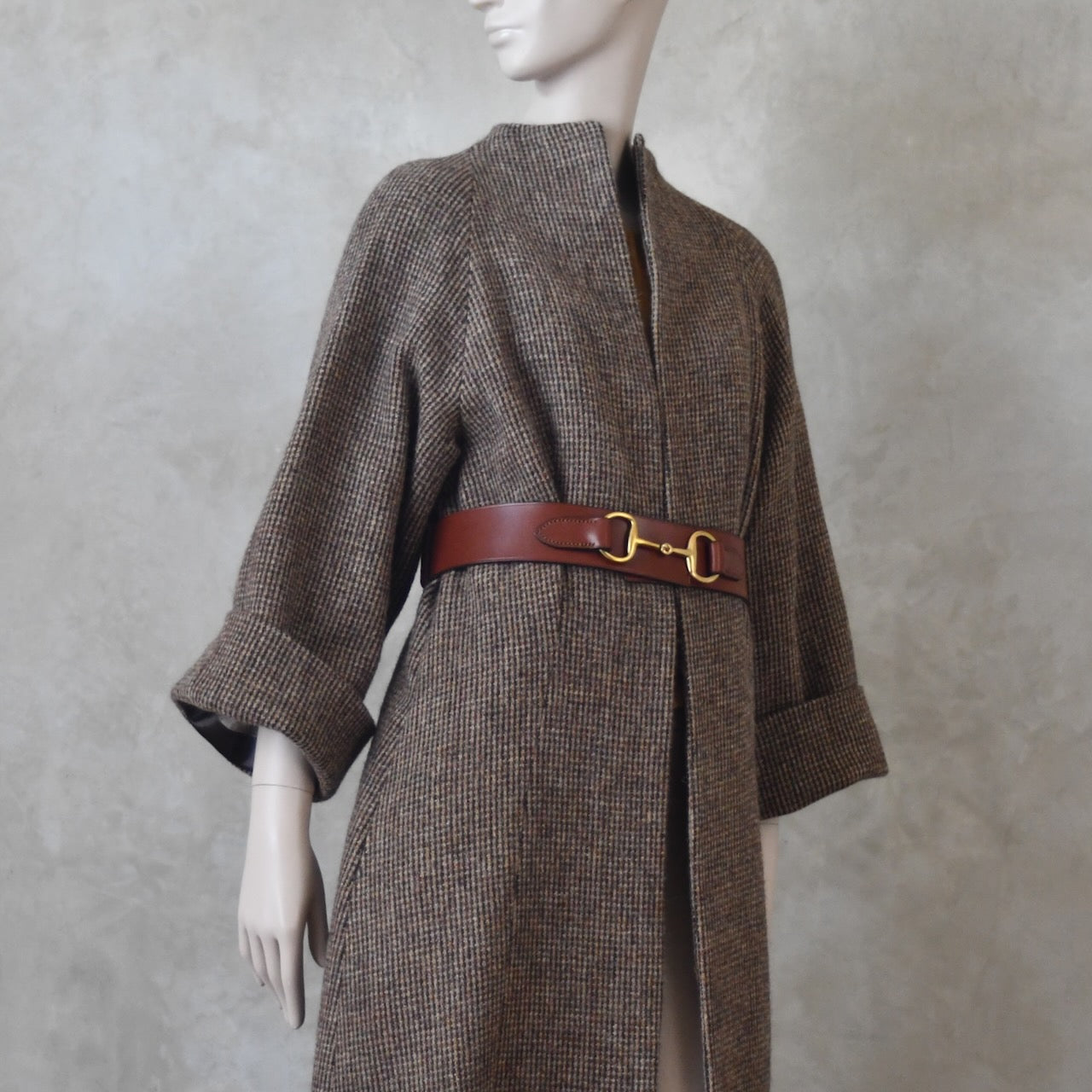 The Long Cocoon Coat in Small Brown Check Lovat Tweed