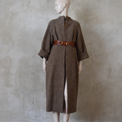 The Long Cocoon Coat in Small Brown Check Lovat Tweed